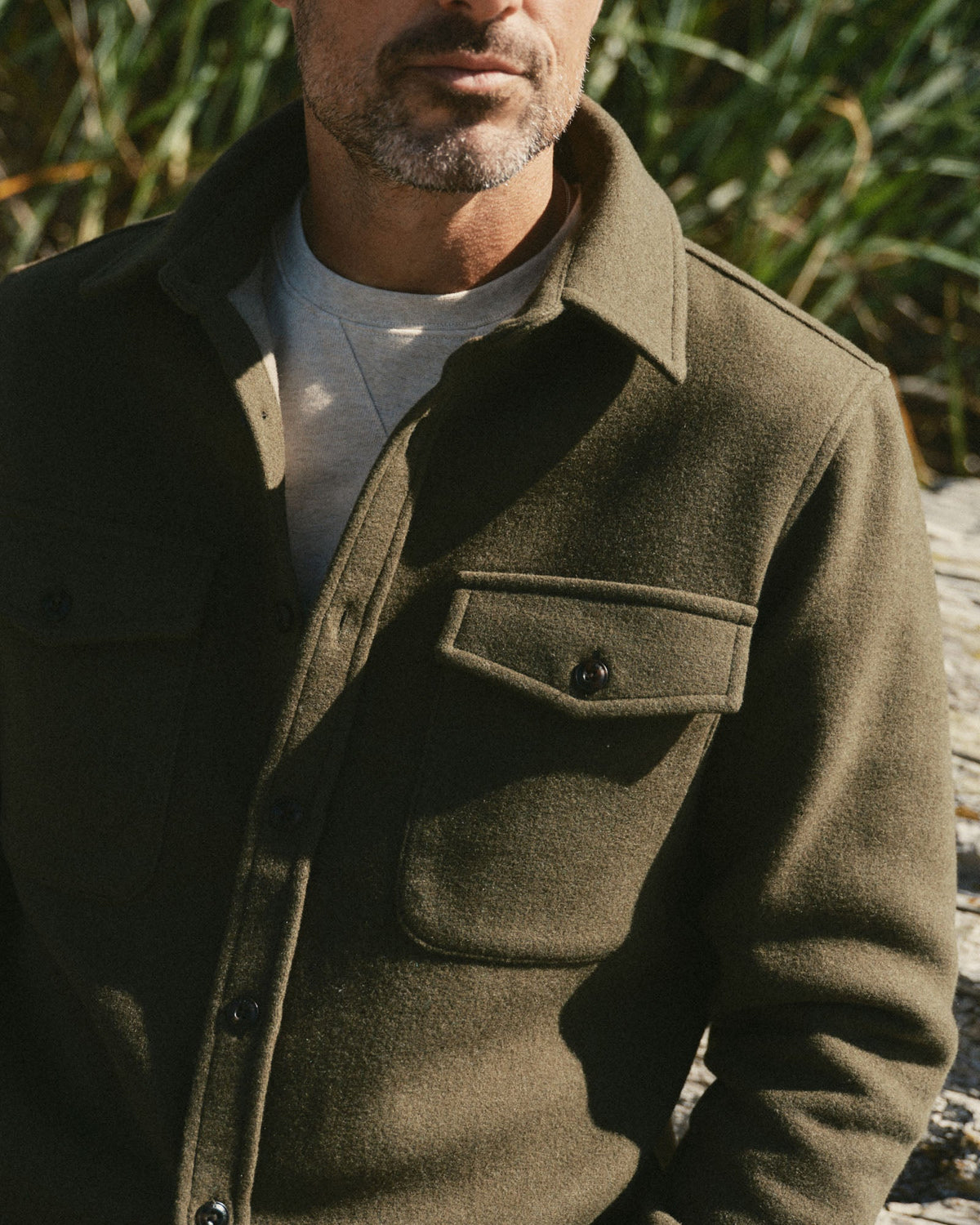 Taylor Stitch Maritime Shirt Jacket in Heather Olive Wool