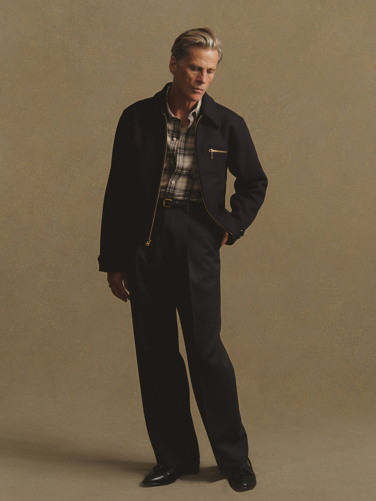 Buck Mason Wool Gabardine Hollywood Double Pleated Trouser in Charcoal Heather