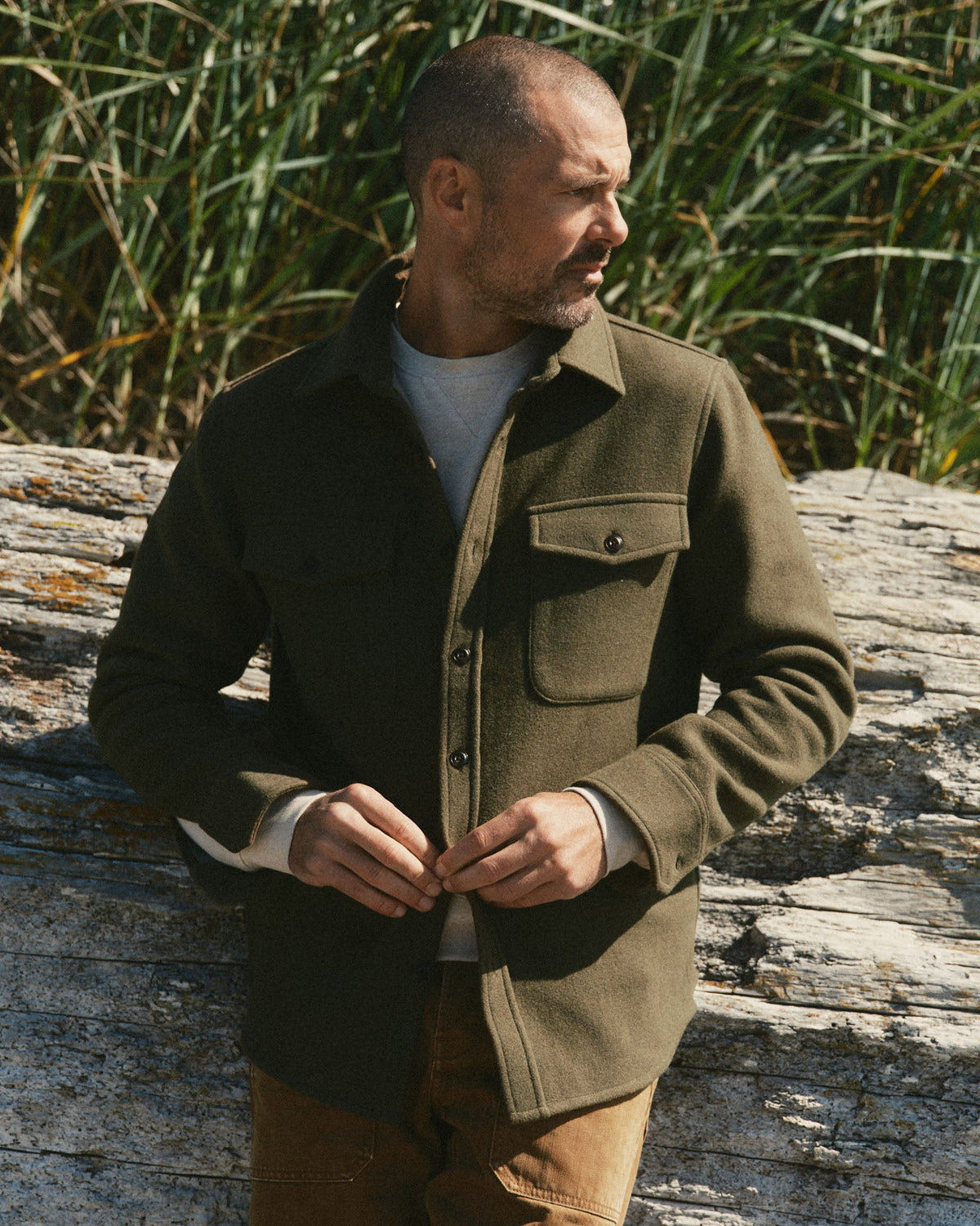 Taylor Stitch Maritime Shirt Jacket in Heather Olive Wool