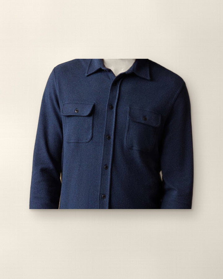 Faherty Legend Sweater Shirt, Brighton Navy Twill, Stapl studio still on linen
