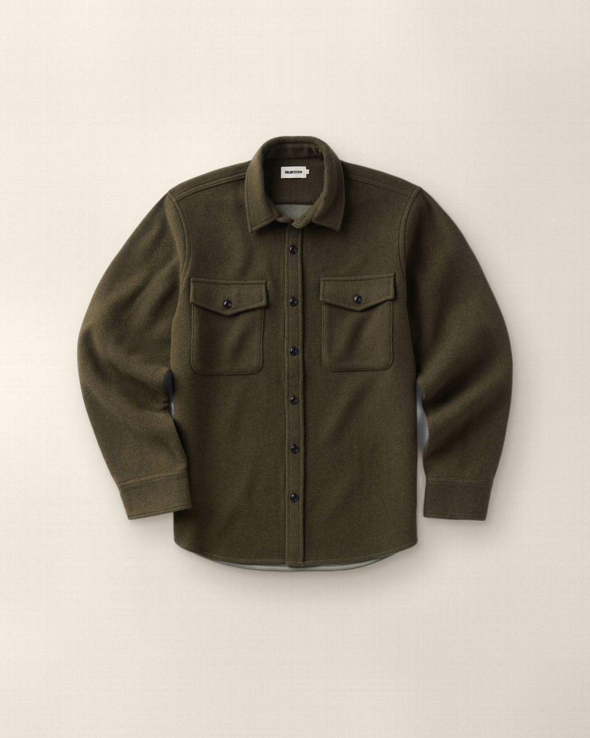 Taylor Stitch Maritime Shirt Jacket in Heather Olive Wool, Stapl studio still